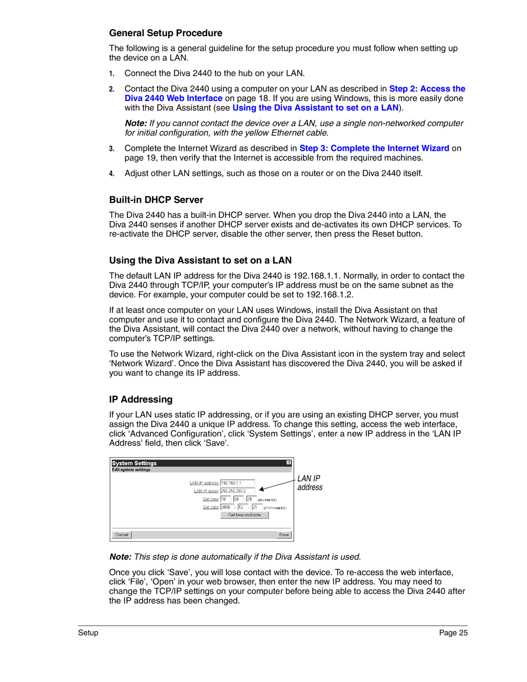 Eicon Networks 2440 General Setup Procedure, Built-in Dhcp Server, Using the Diva Assistant to set on a LAN, IP Addressing 