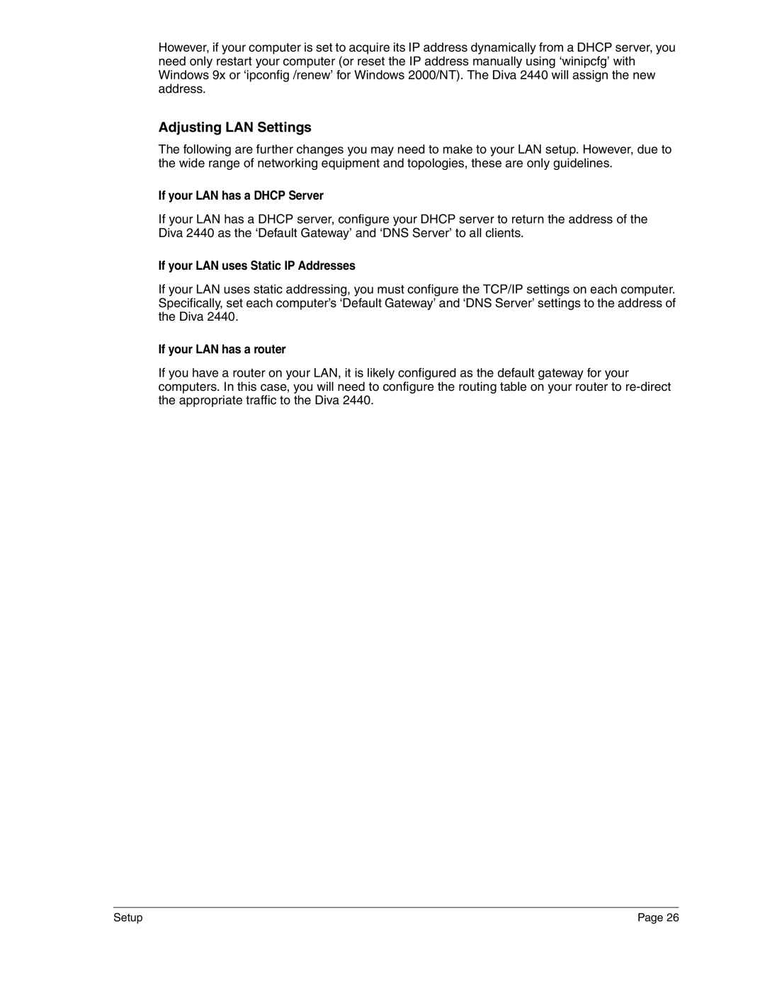 Eicon Networks 2440 manual Adjusting LAN Settings, If your LAN has a Dhcp Server, If your LAN uses Static IP Addresses 