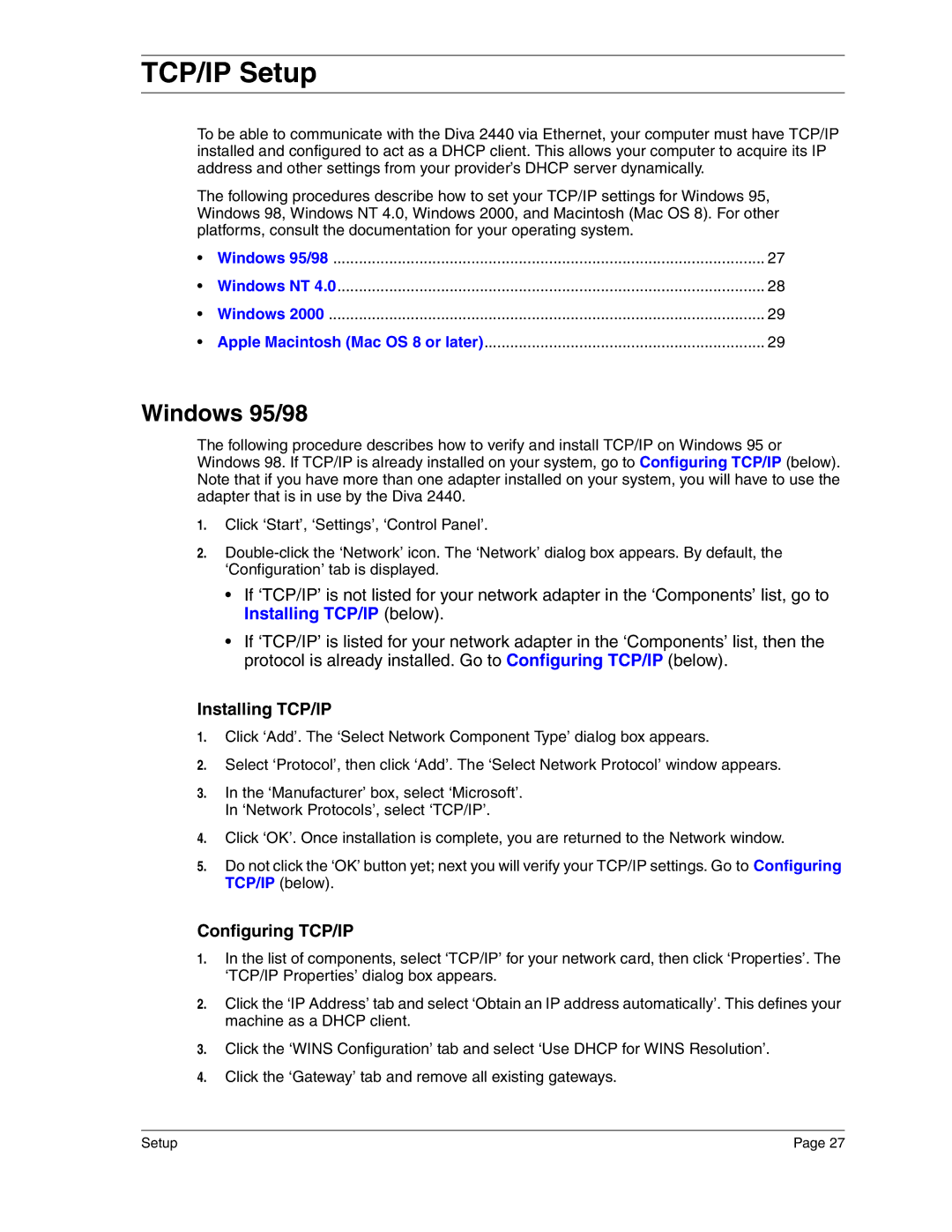 Eicon Networks 2440 manual TCP/IP Setup, Windows 95/98, Installing TCP/IP, Configuring TCP/IP 