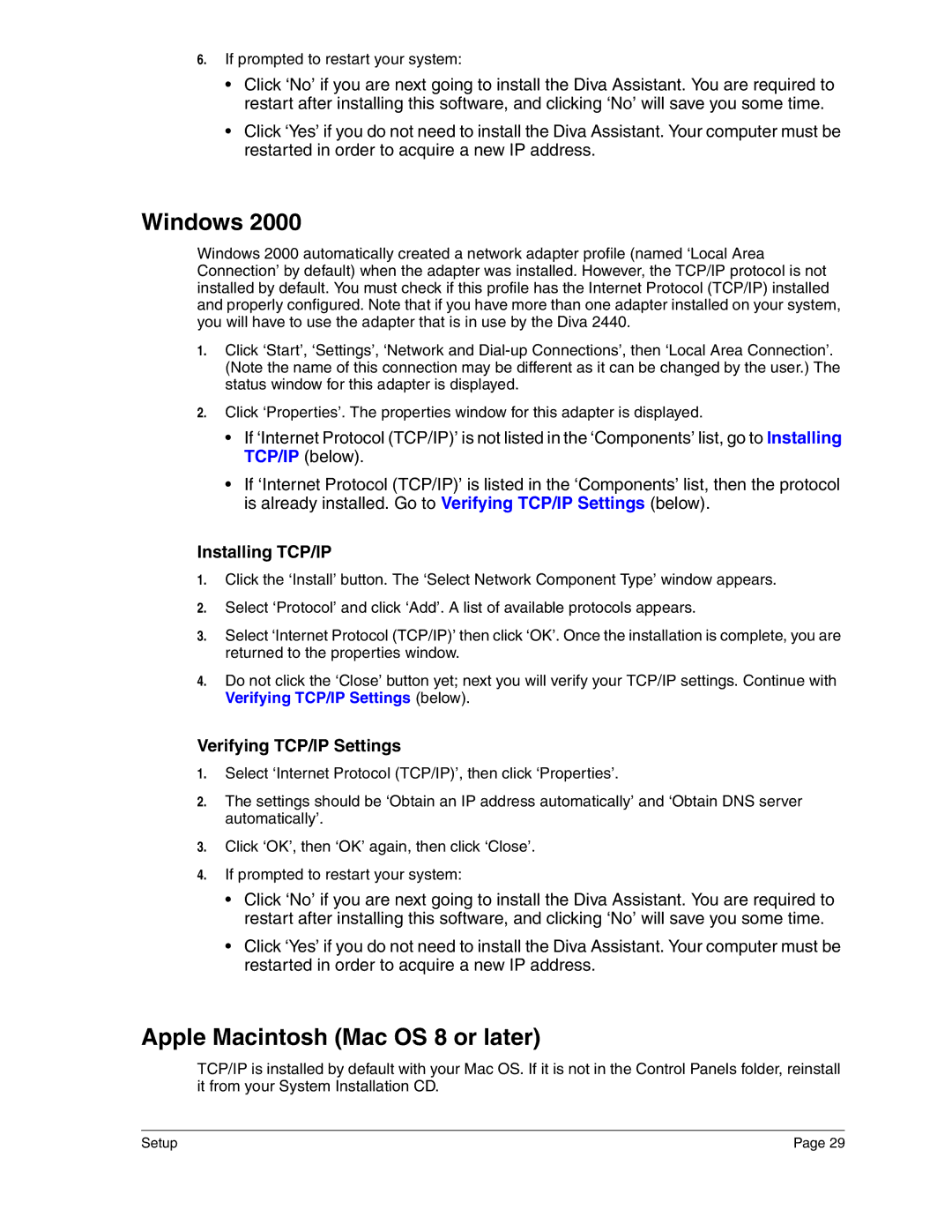 Eicon Networks 2440 manual Windows, Apple Macintosh Mac OS 8 or later, Verifying TCP/IP Settings 