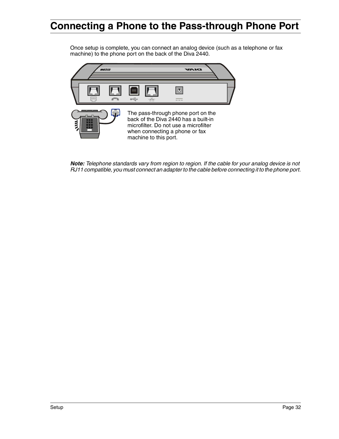 Eicon Networks 2440 manual Connecting a Phone to the Pass-through Phone Port 