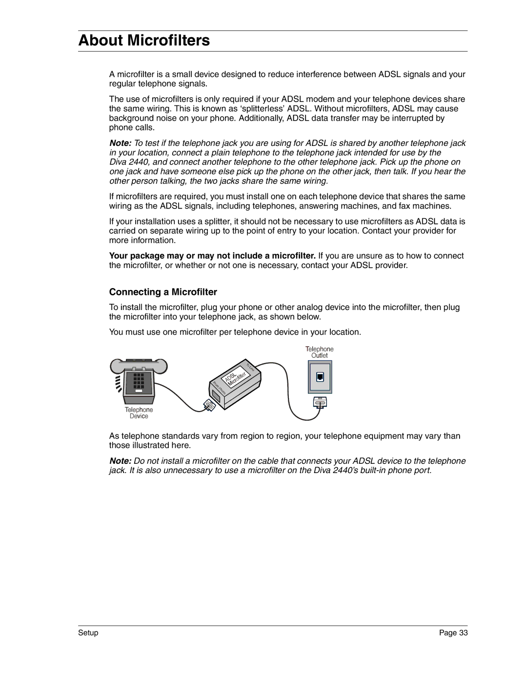 Eicon Networks 2440 manual About Microfilters, Connecting a Microfilter 