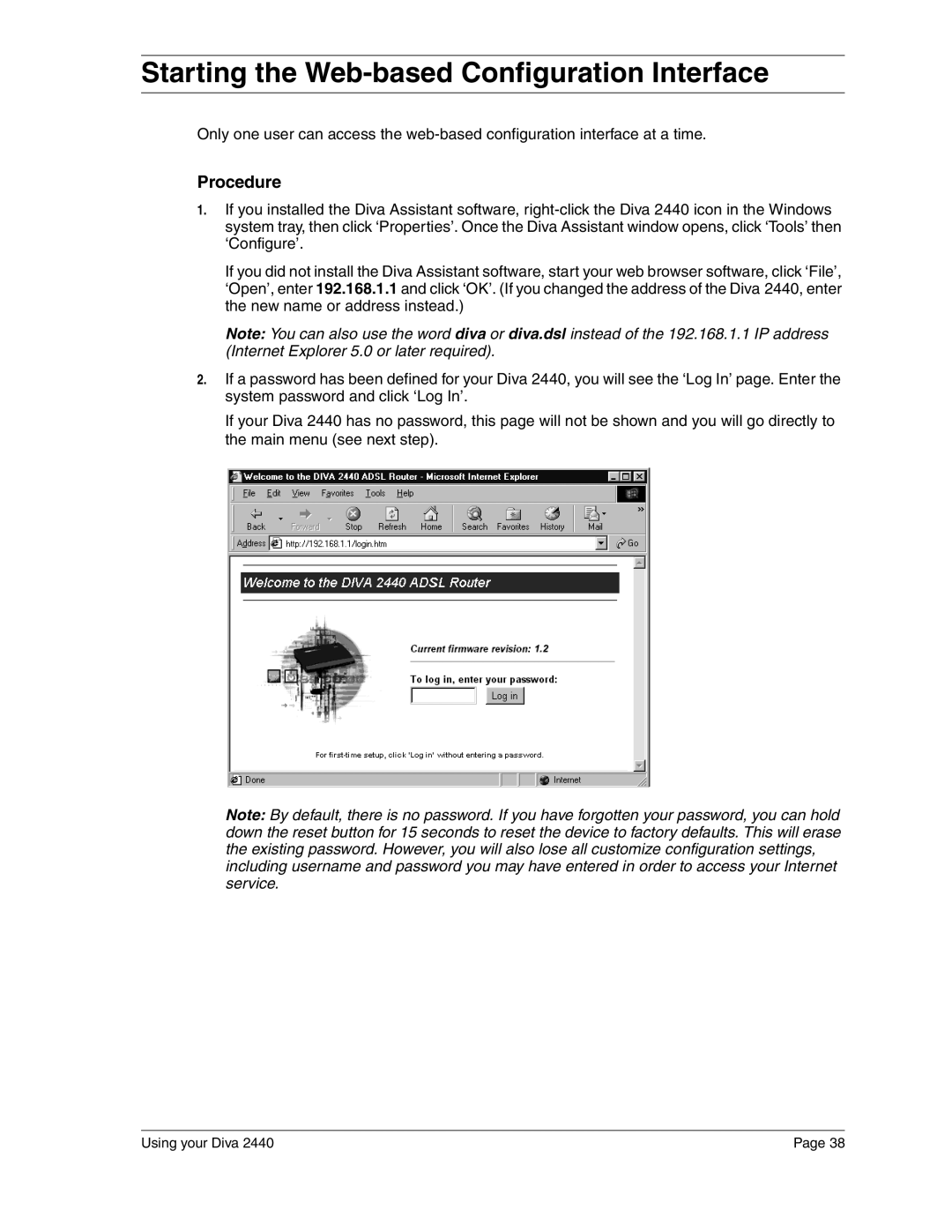 Eicon Networks 2440 manual Starting the Web-based Configuration Interface, Procedure 