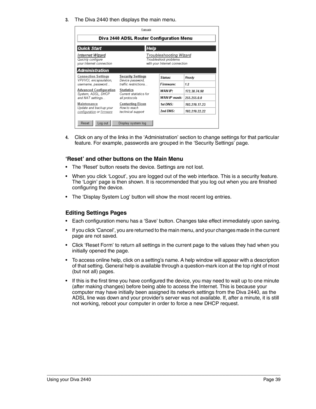 Eicon Networks 2440 manual ‘Reset’ and other buttons on the Main Menu, Editing Settings Pages 