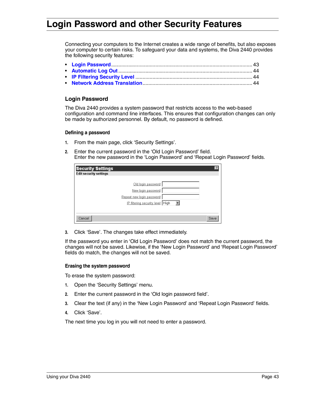 Eicon Networks 2440 manual Login Password and other Security Features, Defining a password, Erasing the system password 