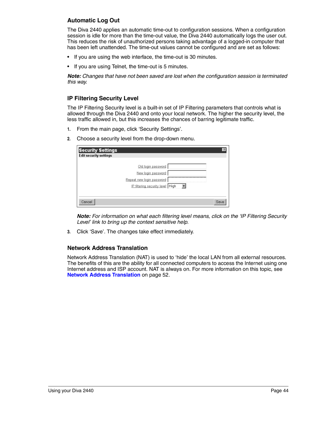 Eicon Networks 2440 manual Automatic Log Out, IP Filtering Security Level, Network Address Translation 