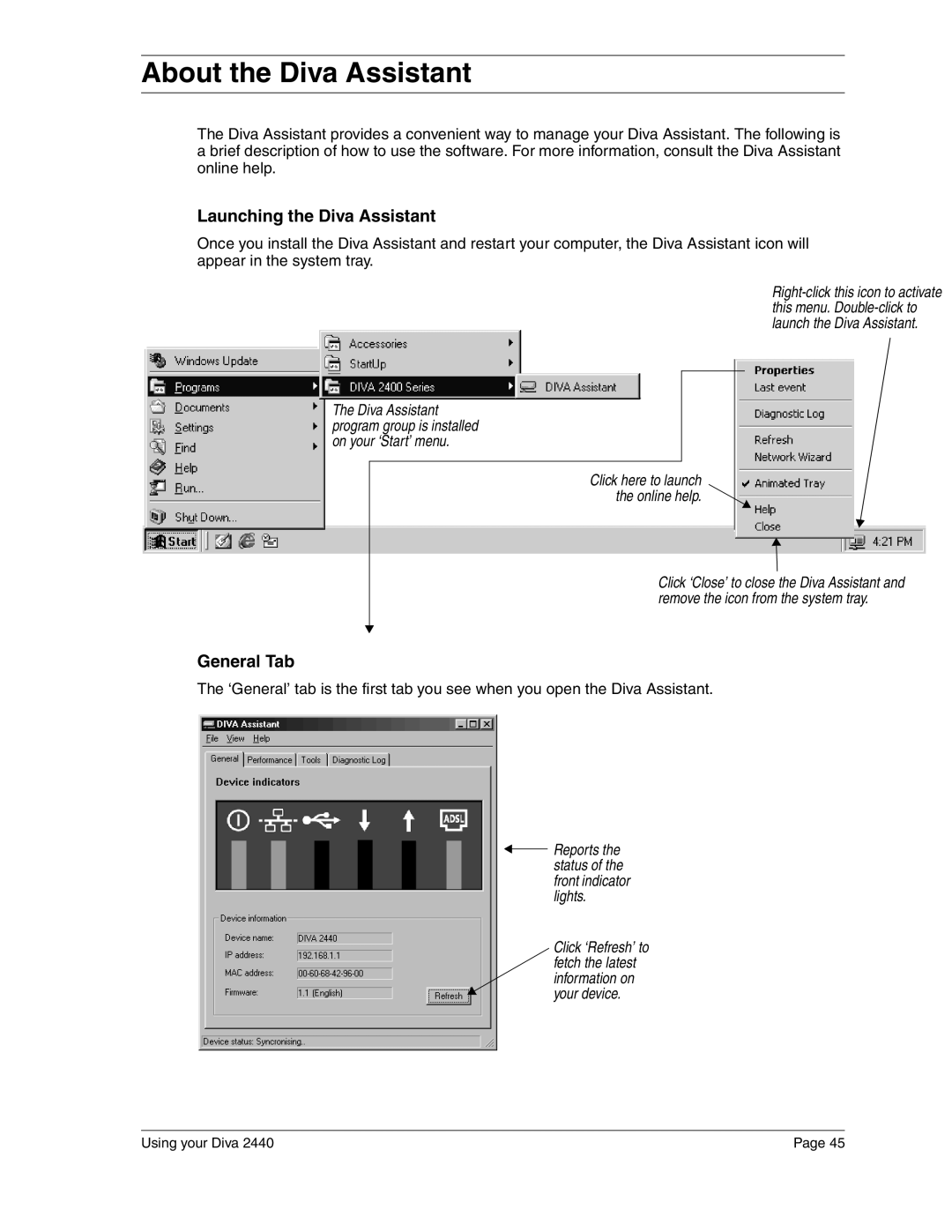 Eicon Networks 2440 manual About the Diva Assistant, Launching the Diva Assistant, General Tab 