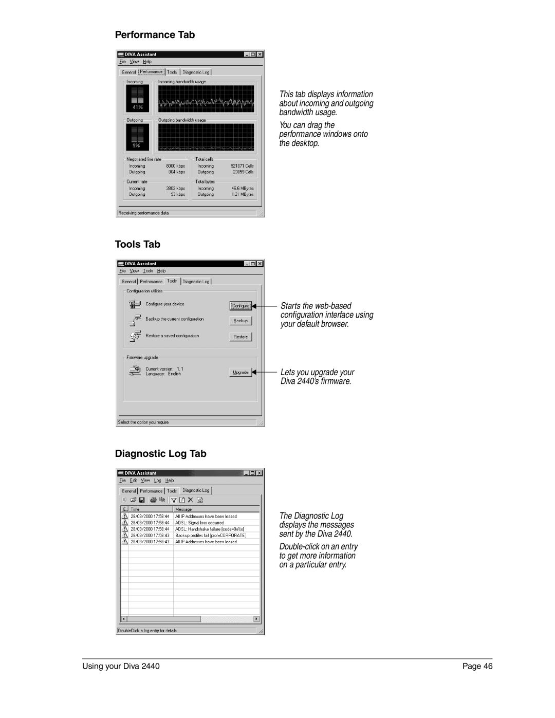 Eicon Networks 2440 manual Performance Tab, Tools Tab, Diagnostic Log Tab 