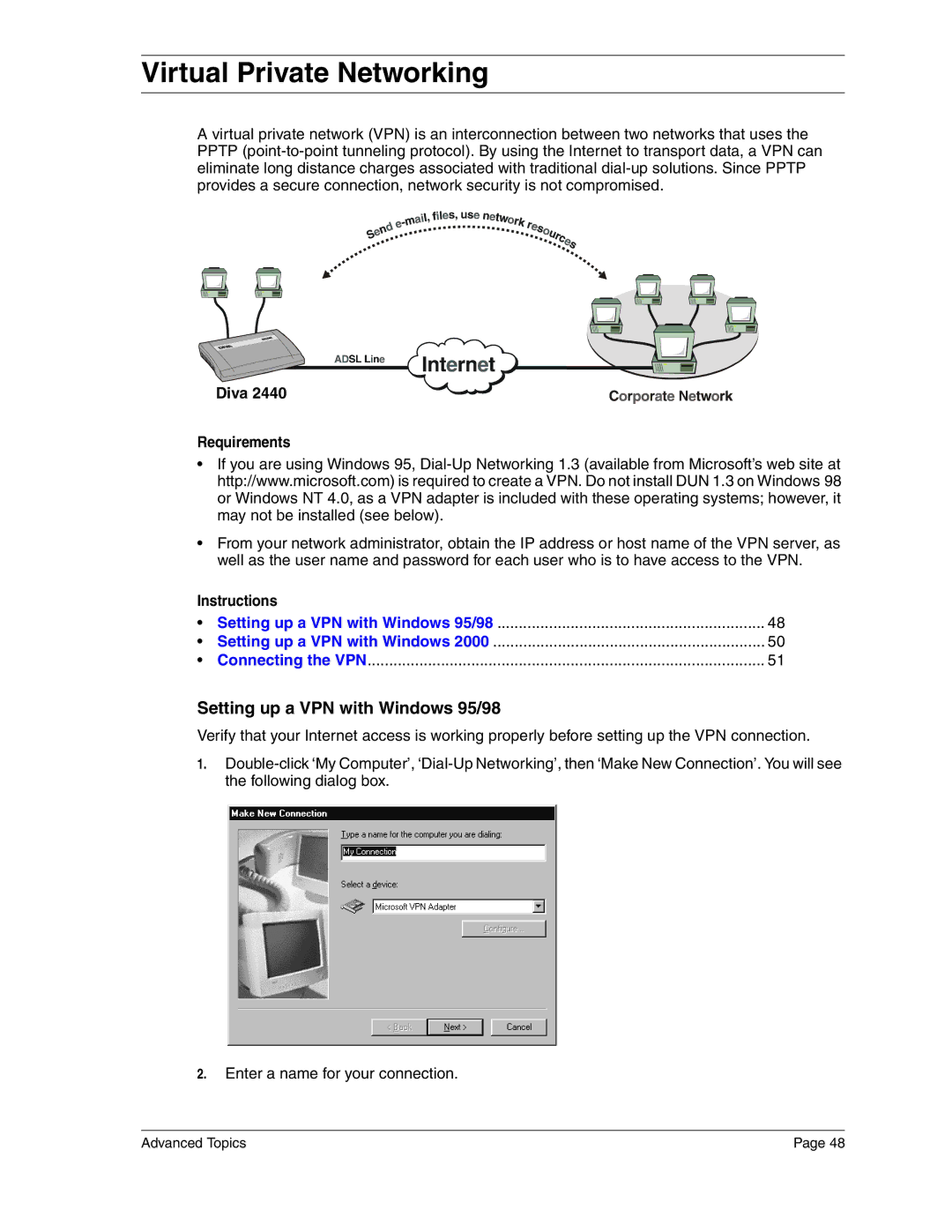 Eicon Networks 2440 manual Virtual Private Networking, Setting up a VPN with Windows 95/98, Diva Requirements, Instructions 