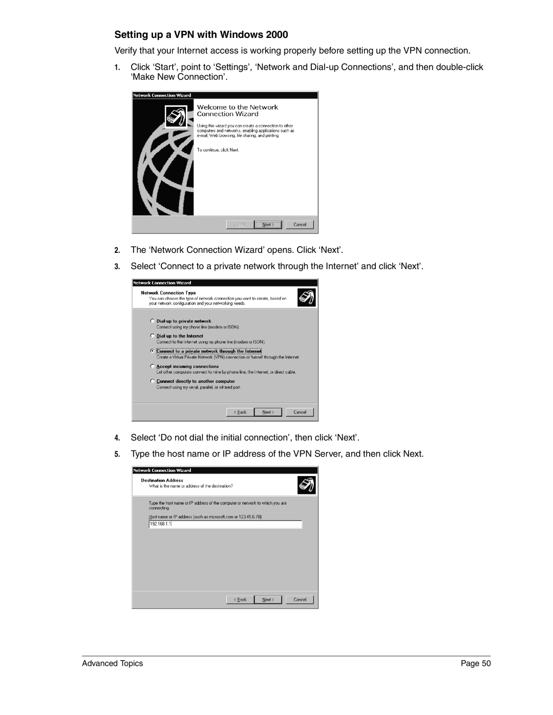 Eicon Networks 2440 manual Setting up a VPN with Windows 