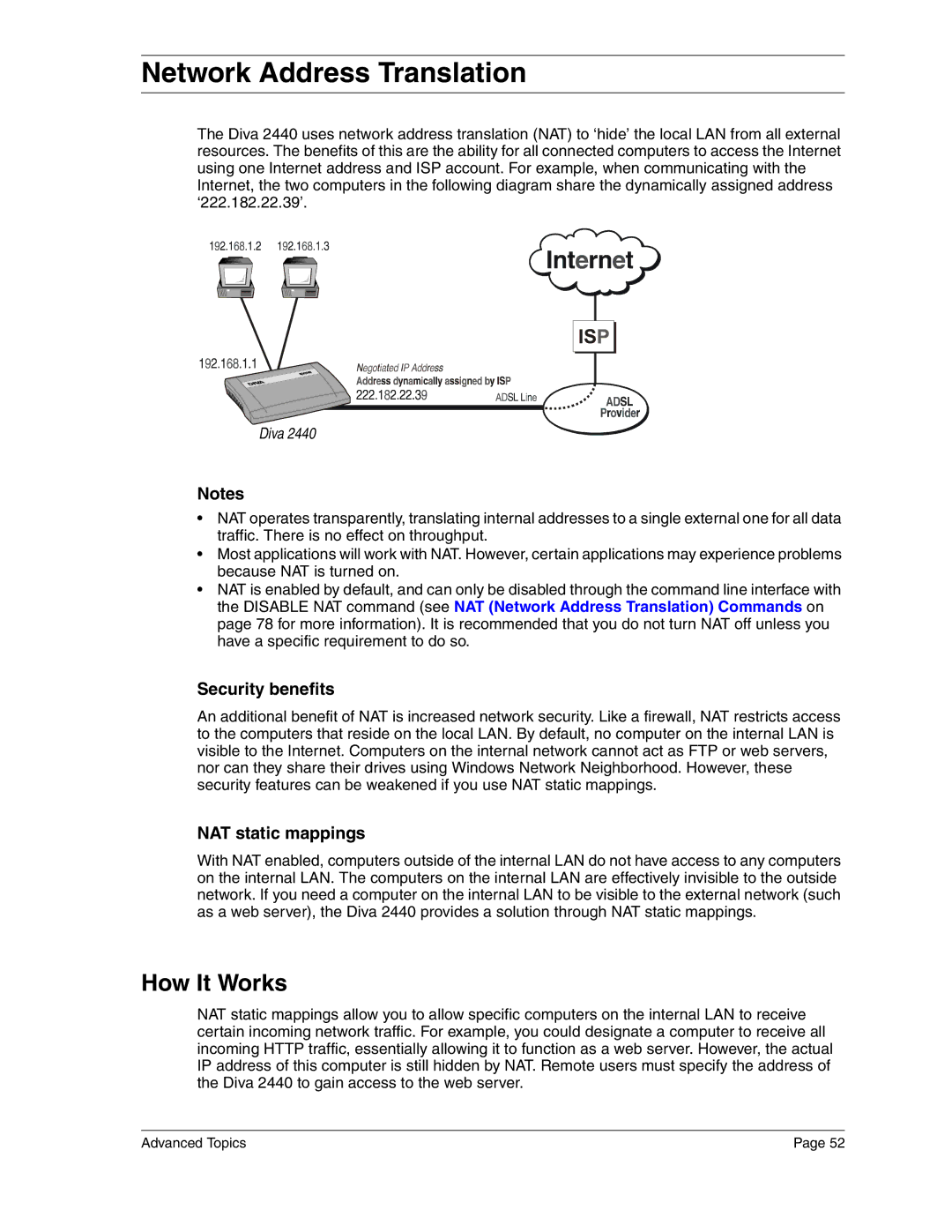 Eicon Networks 2440 manual Network Address Translation, How It Works, Security benefits, NAT static mappings 