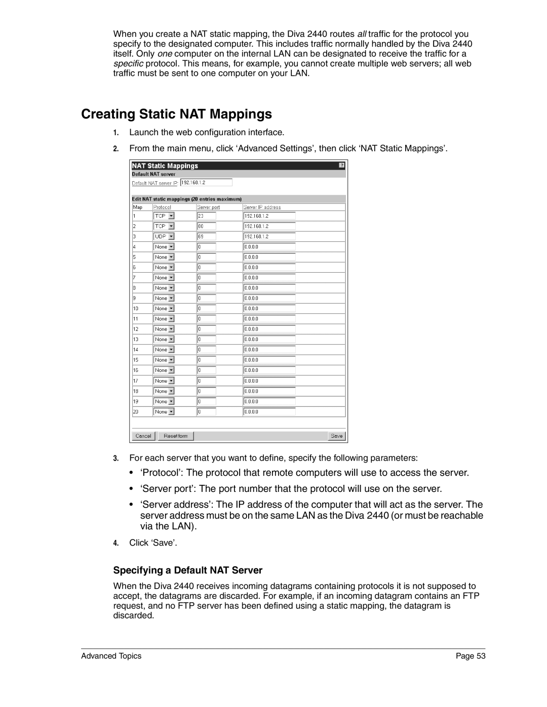 Eicon Networks 2440 manual Creating Static NAT Mappings, Specifying a Default NAT Server 