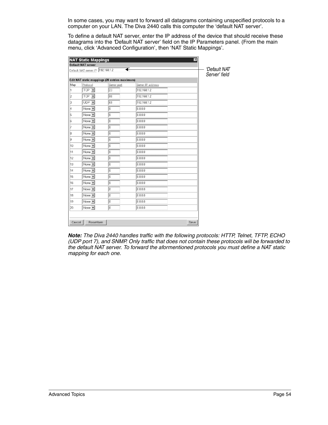 Eicon Networks 2440 manual ‘Default NAT Server’ field 