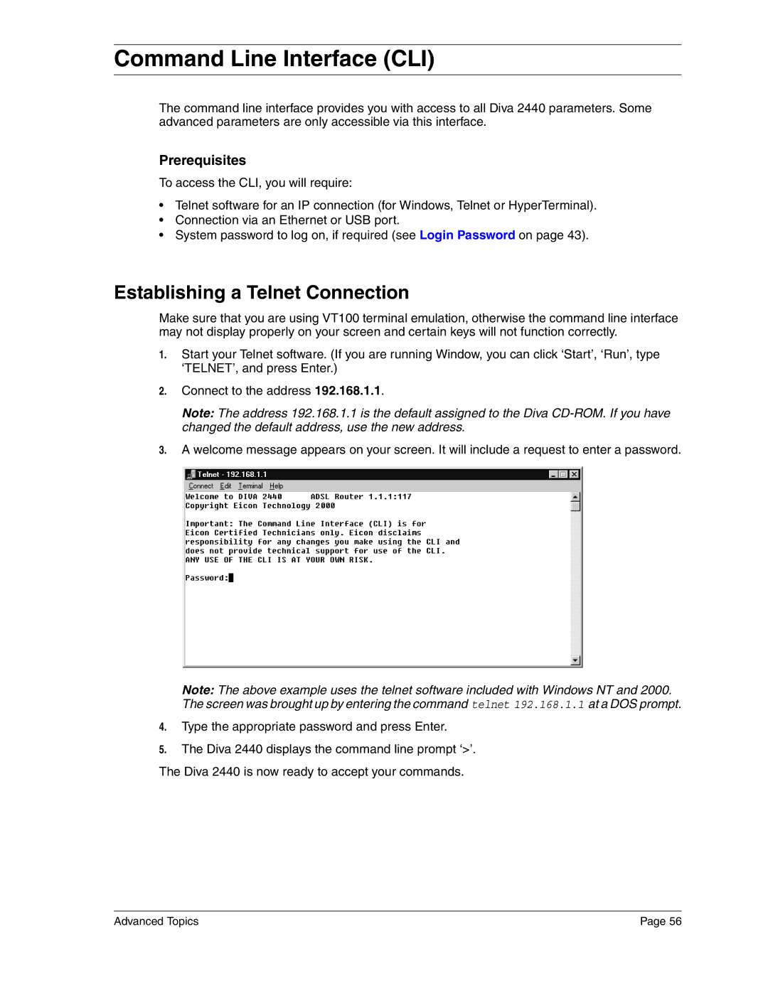 Eicon Networks 2440 manual Command Line Interface CLI, Establishing a Telnet Connection, Prerequisites 