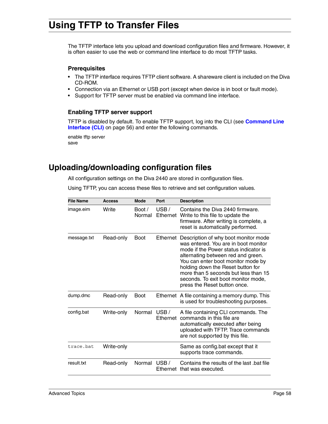 Eicon Networks 2440 Using Tftp to Transfer Files, Uploading/downloading configuration files, Enabling Tftp server support 