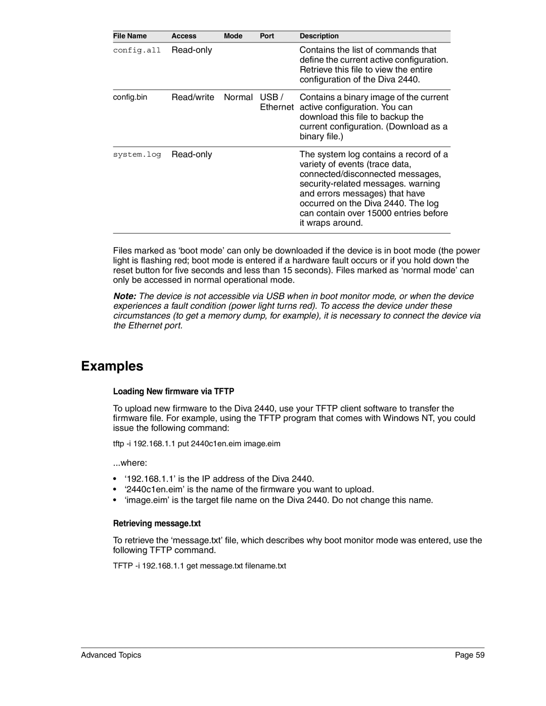 Eicon Networks 2440 manual Examples, Loading New firmware via Tftp, Retrieving message.txt 