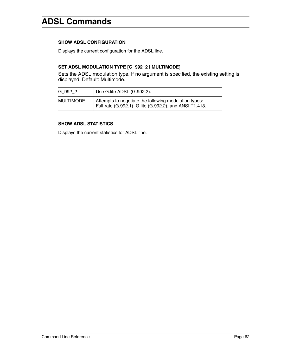 Eicon Networks 2440 Adsl Commands, Show Adsl Configuration, SET Adsl Modulation Type G9922 Multimode, Show Adsl Statistics 