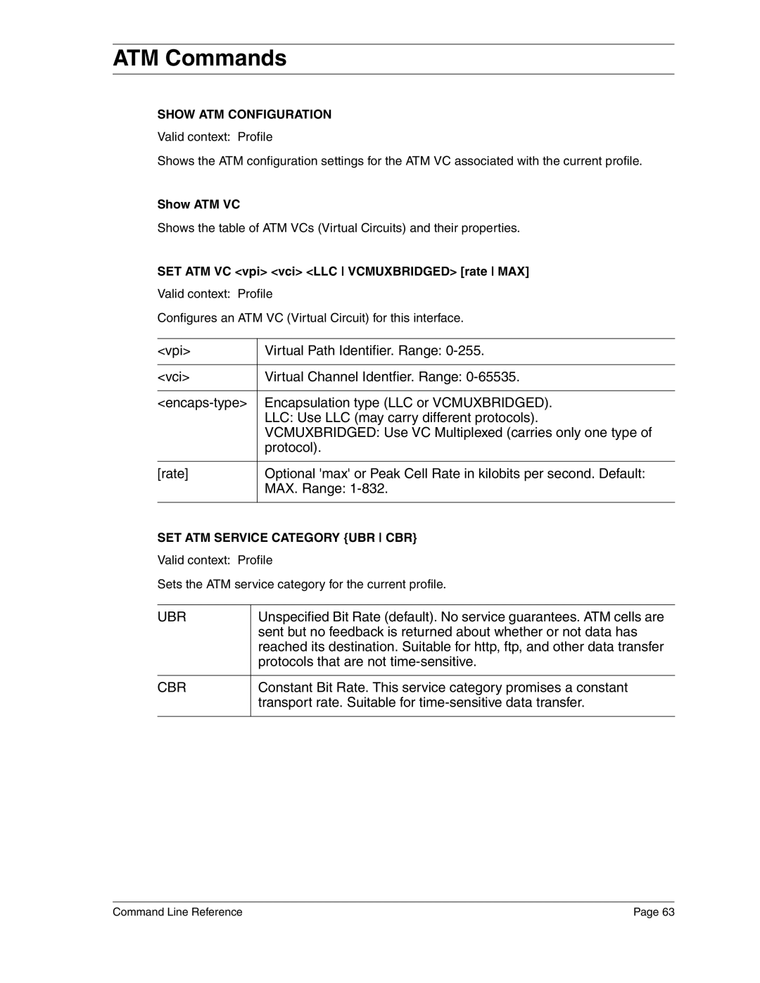 Eicon Networks 2440 manual ATM Commands, Show ATM Configuration, Show ATM VC, SET ATM VC vpi vci LLC Vcmuxbridged rate MAX 