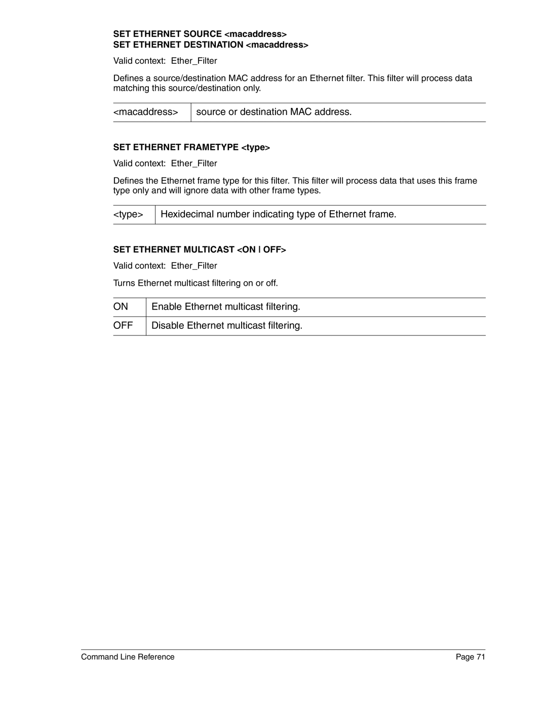 Eicon Networks 2440 manual Macaddress Source or destination MAC address, Enable Ethernet multicast filtering 