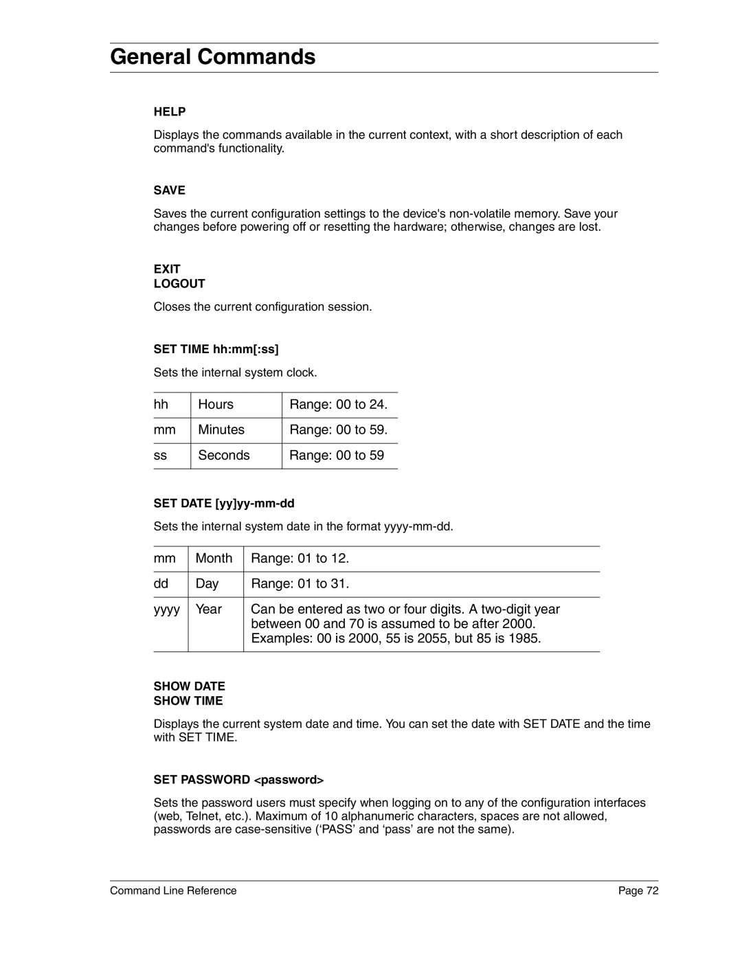 Eicon Networks 2440 manual General Commands, Hours Range 00 to Minutes Seconds 