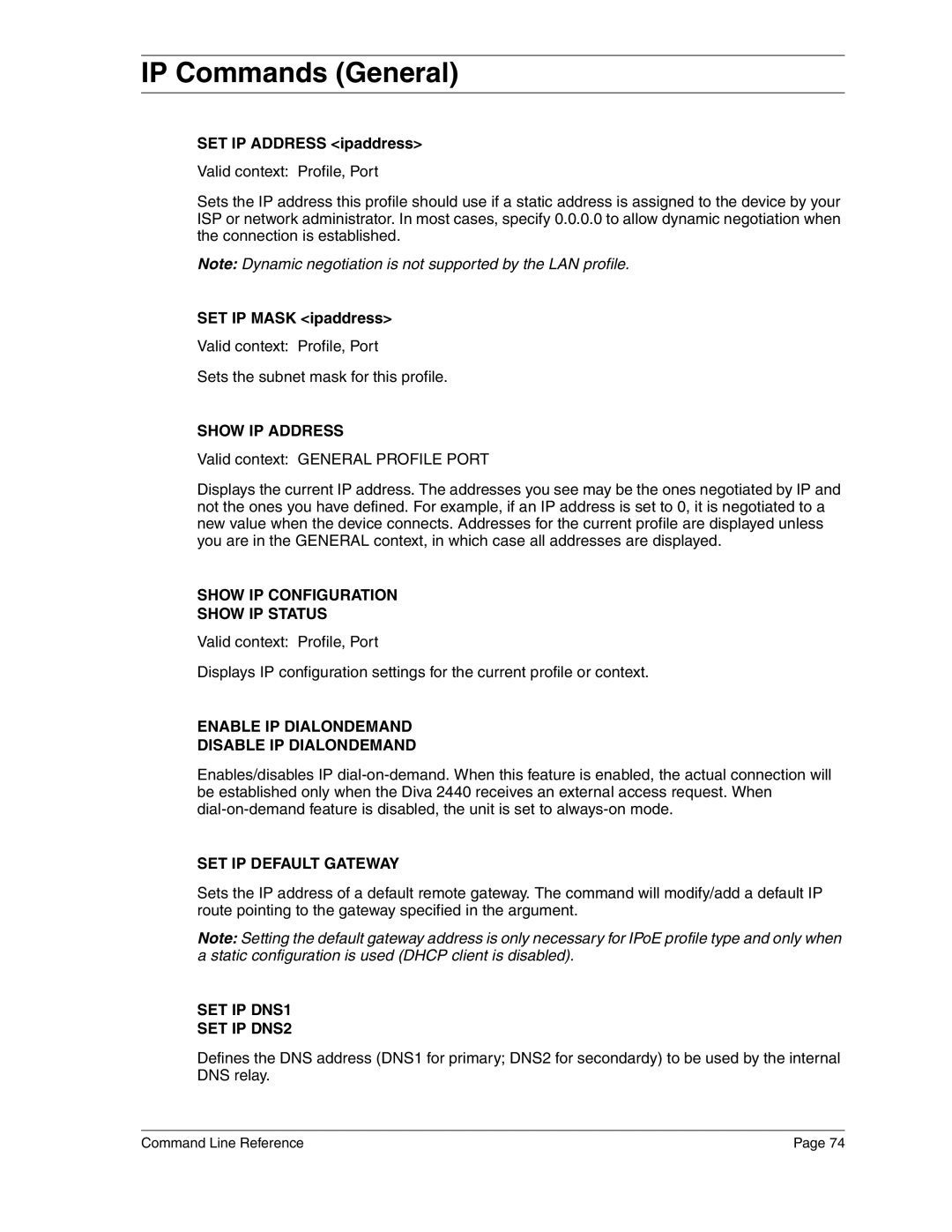 Eicon Networks 2440 manual IP Commands General 