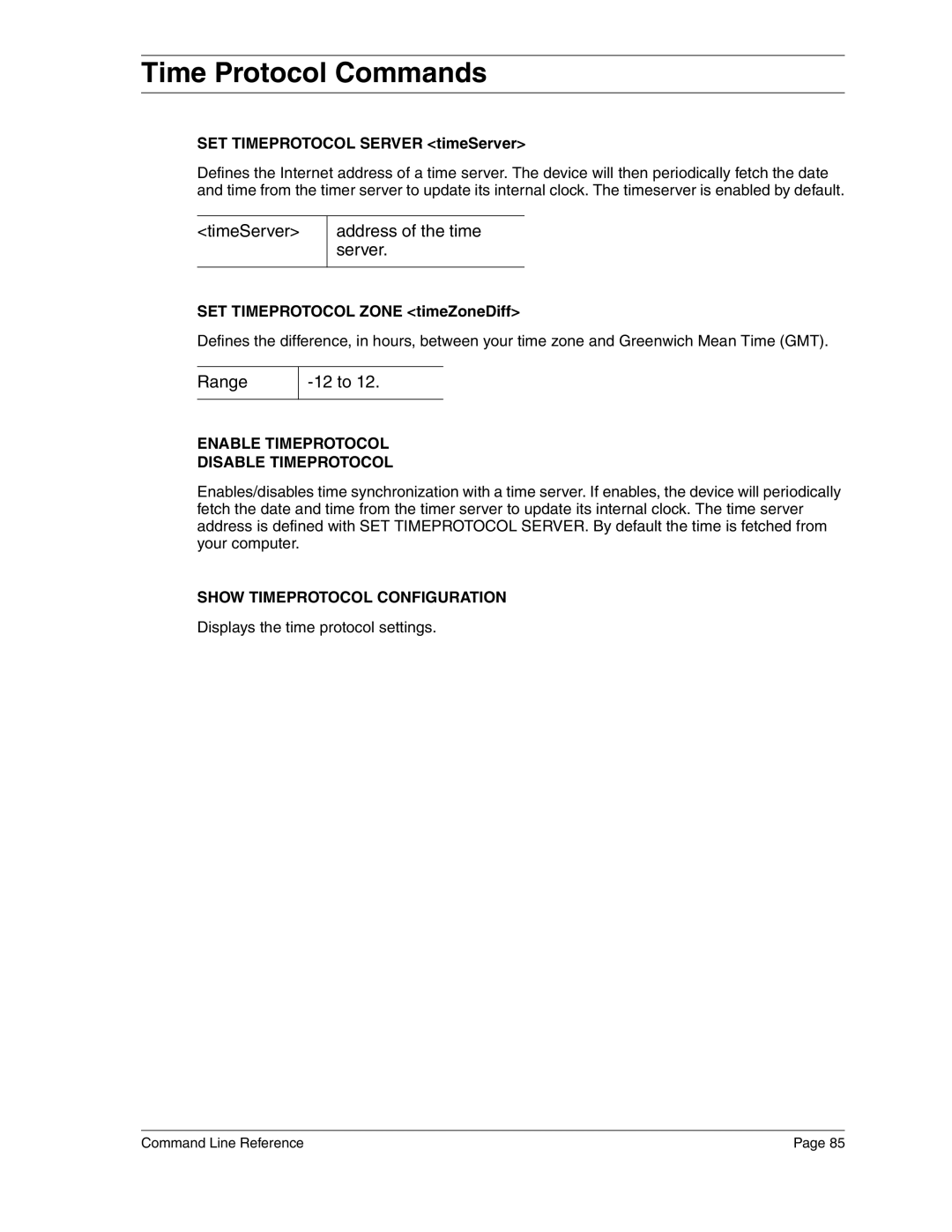 Eicon Networks 2440 manual Time Protocol Commands, TimeServer Address of the time server, Range 12 to 