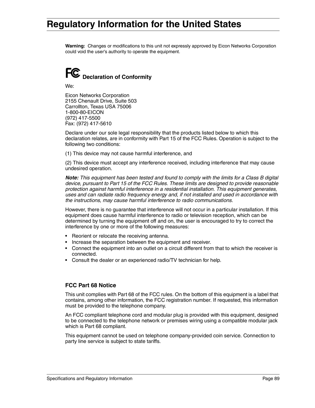 Eicon Networks 2440 manual Regulatory Information for the United States, Declaration of Conformity, FCC Part 68 Notice 