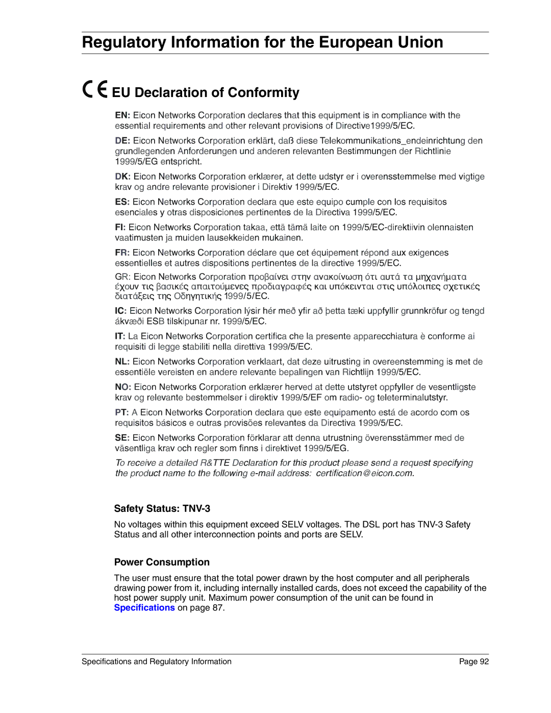 Eicon Networks 2440 manual Regulatory Information for the European Union, EU Declaration of Conformity, Safety Status TNV-3 