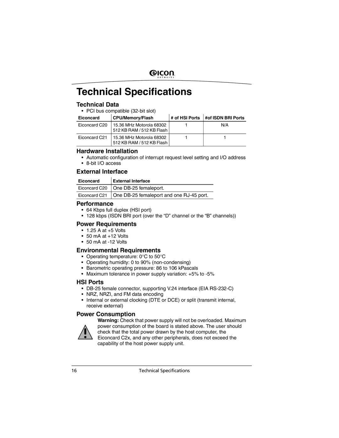 Eicon Networks C2x Family manual Technical Specifications 