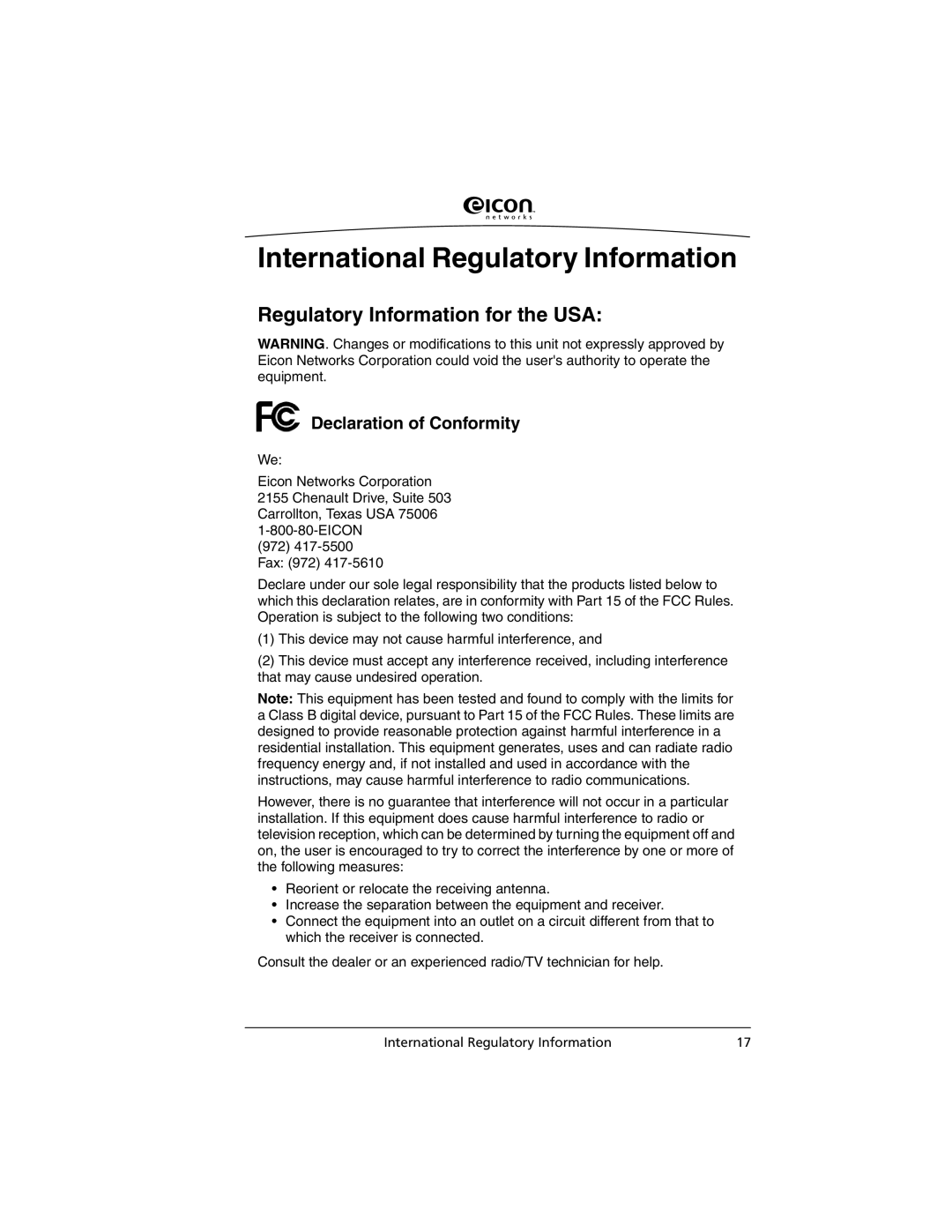 Eicon Networks C2x Family manual International Regulatory Information, Regulatory Information for the USA 