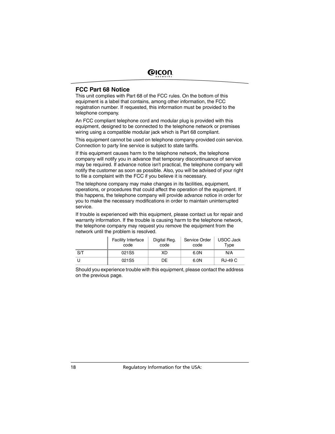 Eicon Networks C2x Family manual FCC Part 68 Notice 