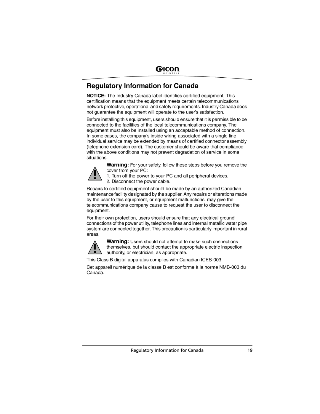 Eicon Networks C2x Family manual Regulatory Information for Canada 