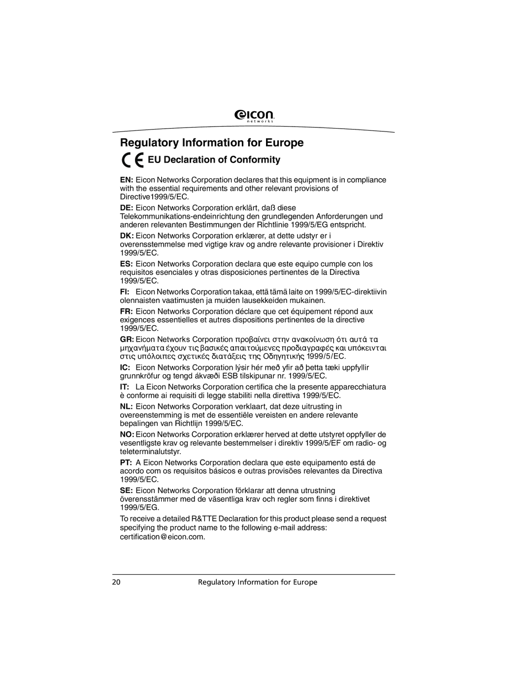 Eicon Networks C2x Family manual Regulatory Information for Europe, EU Declaration of Conformity 