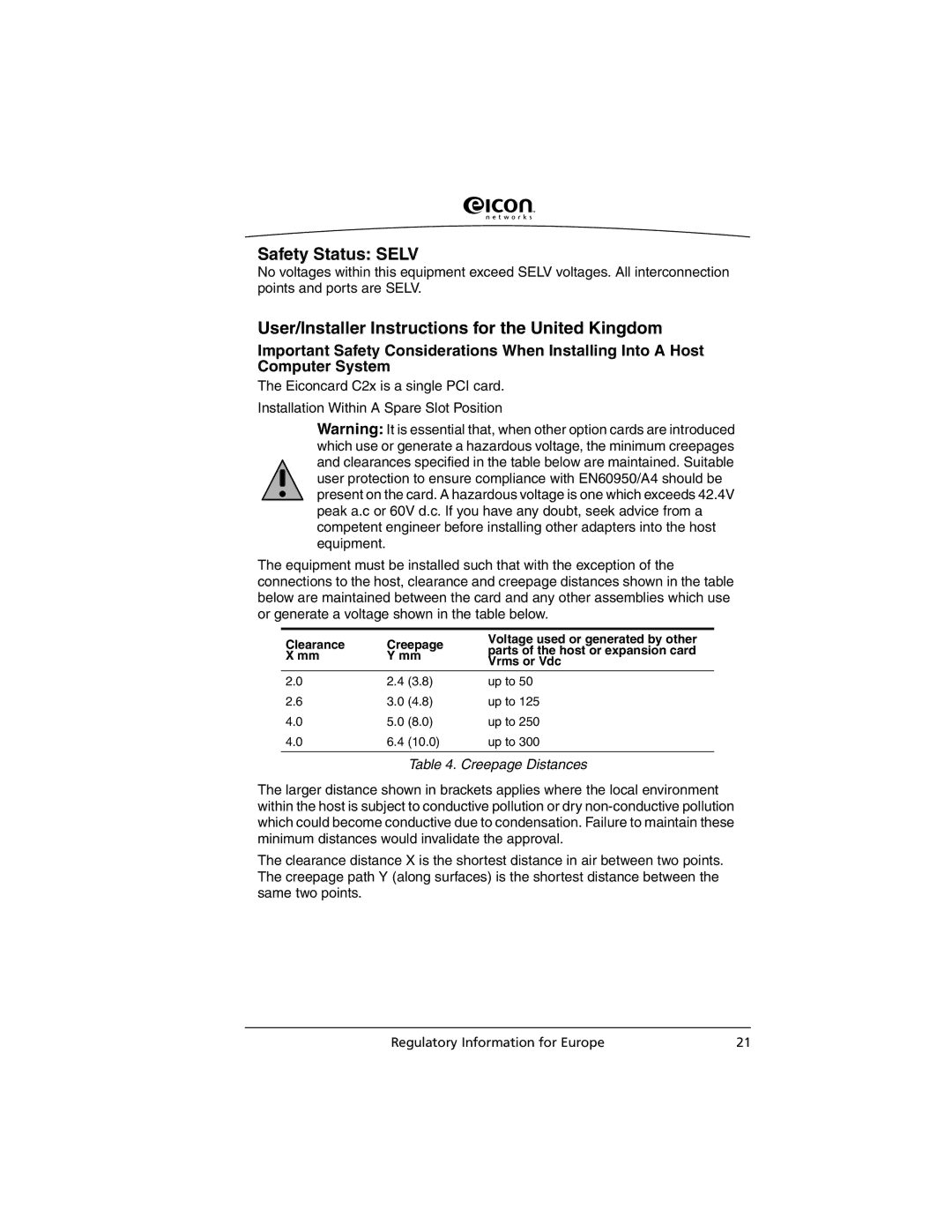 Eicon Networks C2x Family manual Safety Status Selv, User/Installer Instructions for the United Kingdom 