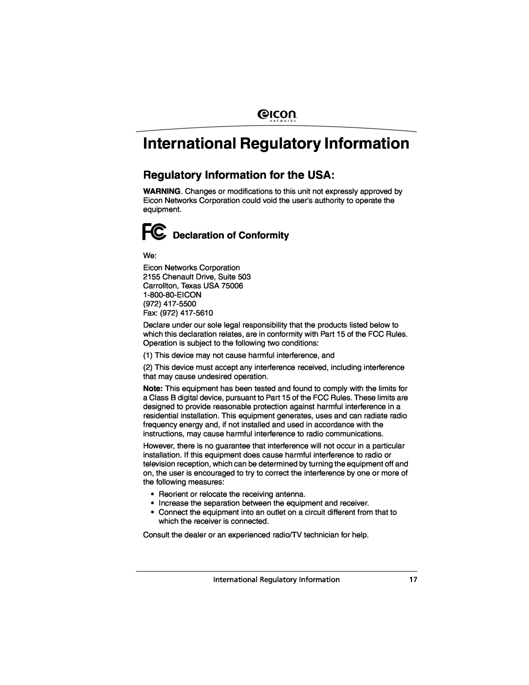 Eicon Networks C2x Family manual International Regulatory Information, Regulatory Information for the USA 