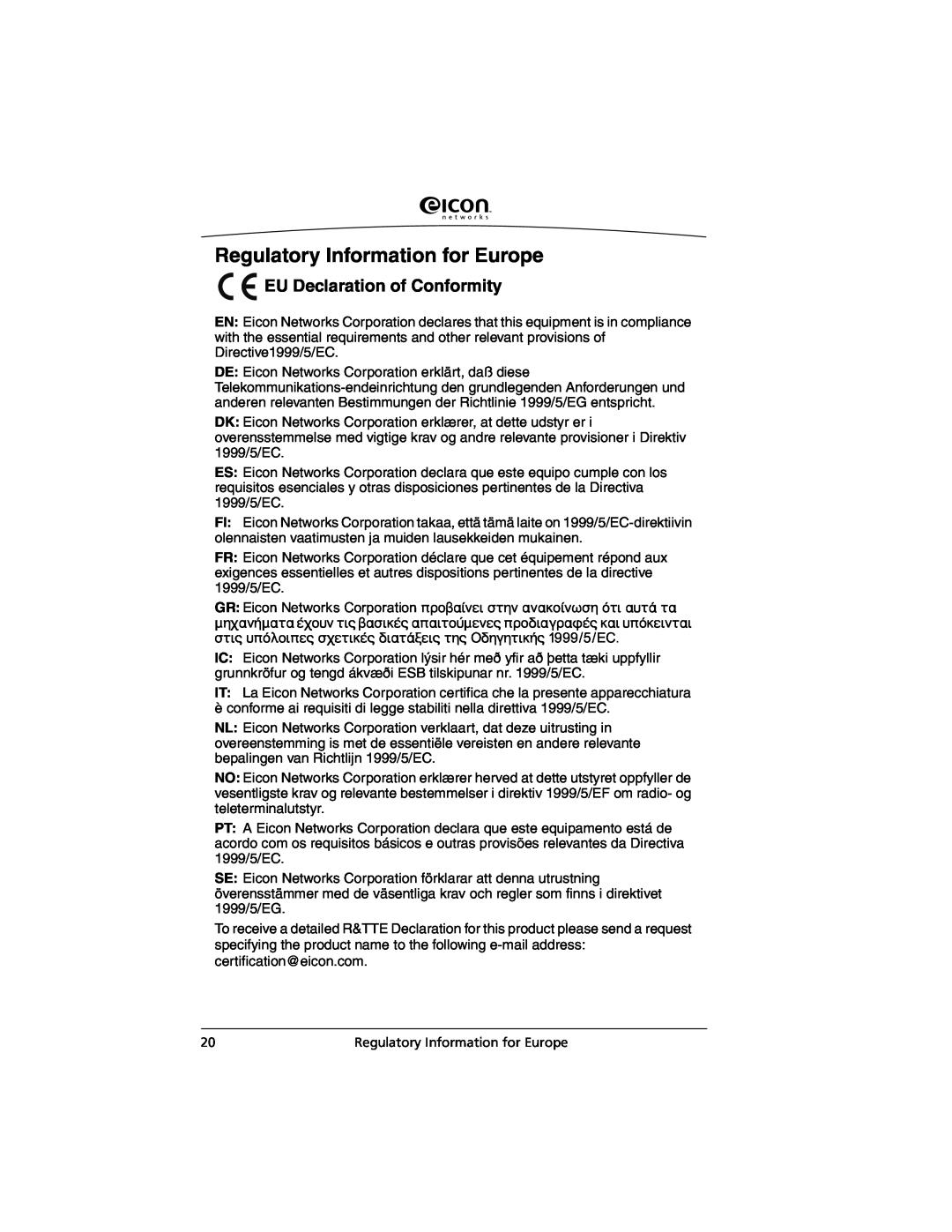 Eicon Networks C2x Family manual Regulatory Information for Europe, EU Declaration of Conformity 