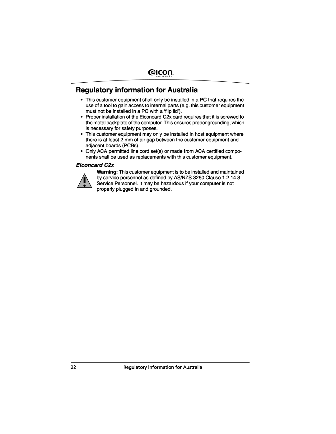 Eicon Networks C2x Family manual Regulatory information for Australia, Eiconcard C2x 