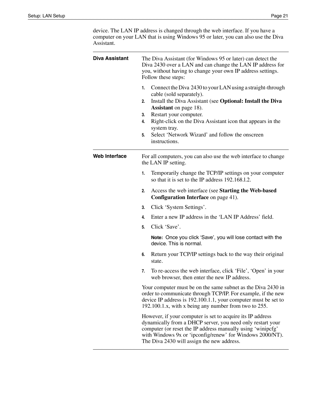 Eicon Networks Diva 2430 manual Setup LAN Setup 