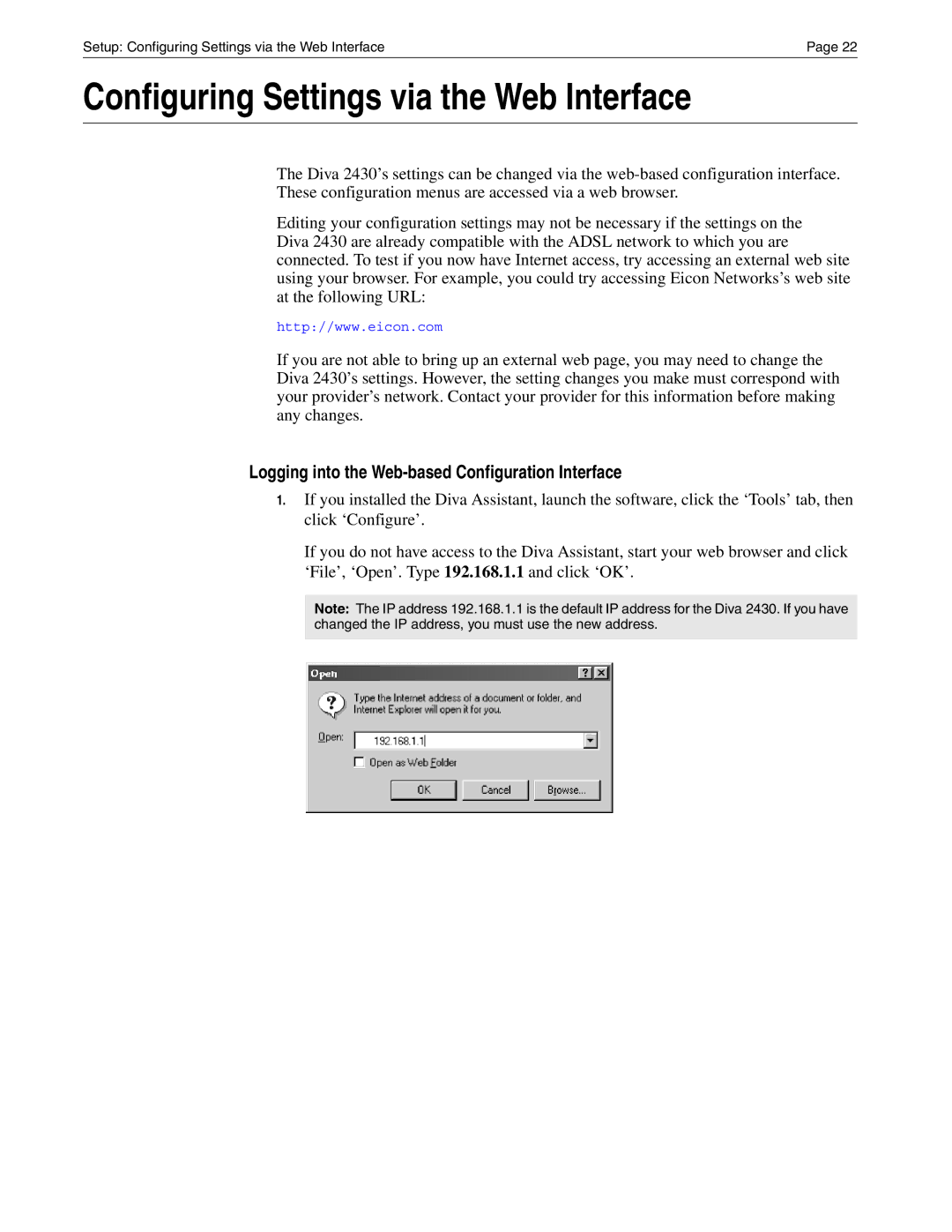 Eicon Networks Diva 2430 Configuring Settings via the Web Interface, Logging into the Web-based Configuration Interface 