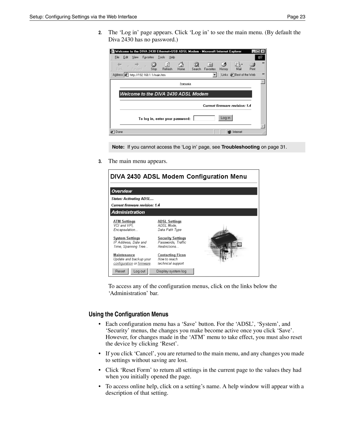 Eicon Networks Diva 2430 manual Using the Configuration Menus 