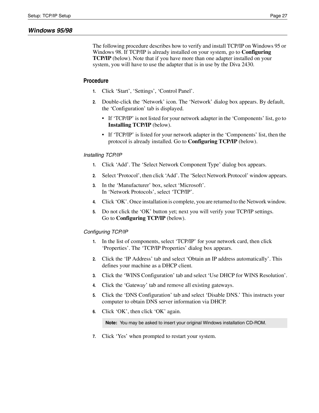 Eicon Networks Diva 2430 manual Windows 95/98, Procedure 