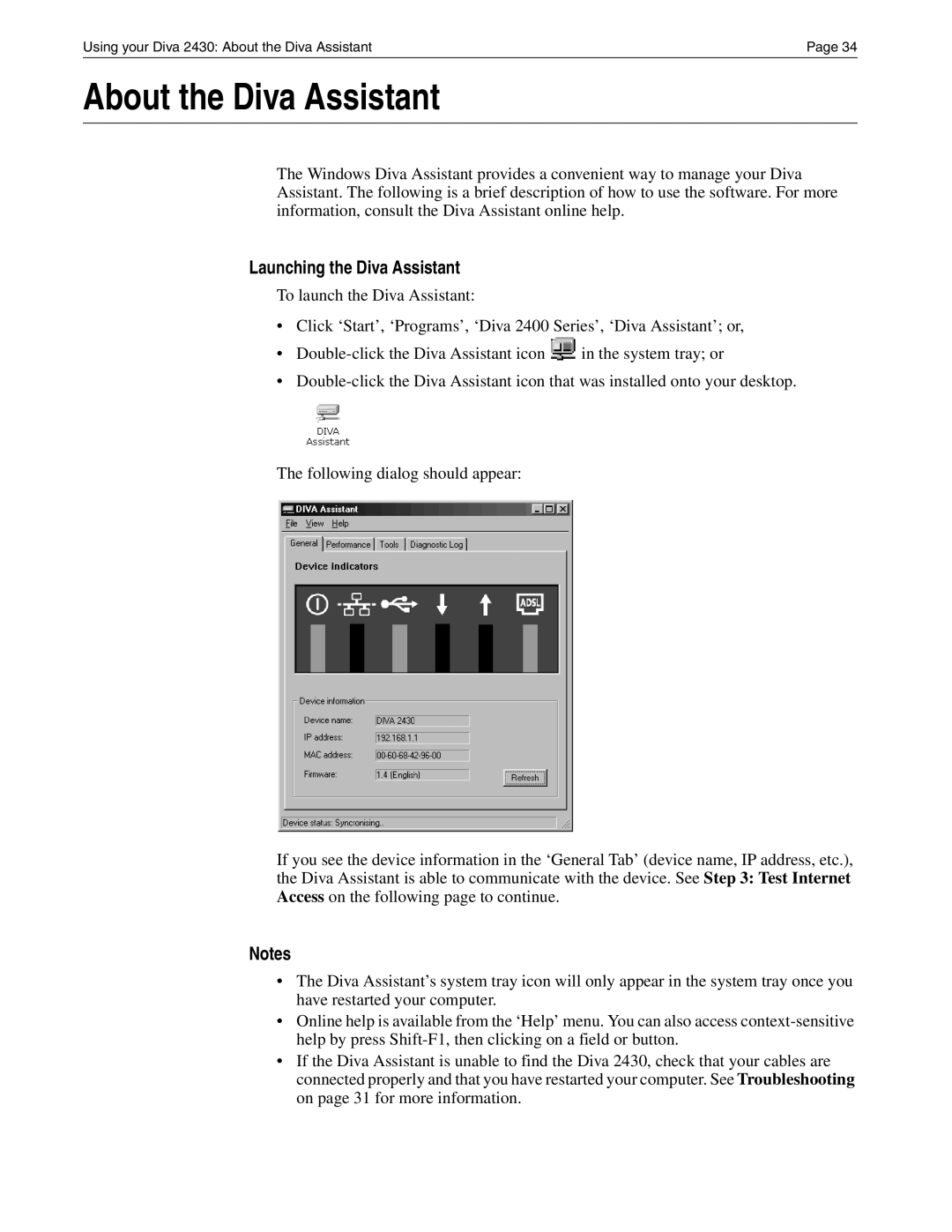 Eicon Networks Diva 2430 manual About the Diva Assistant, Launching the Diva Assistant 