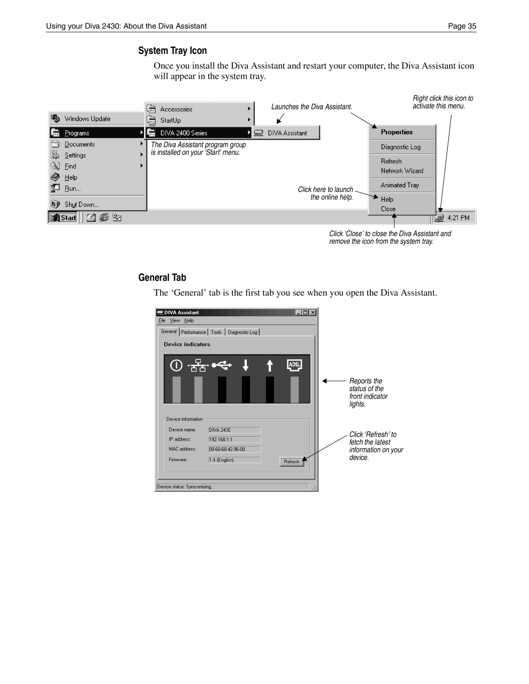 Eicon Networks Diva 2430 manual System Tray Icon, General Tab 