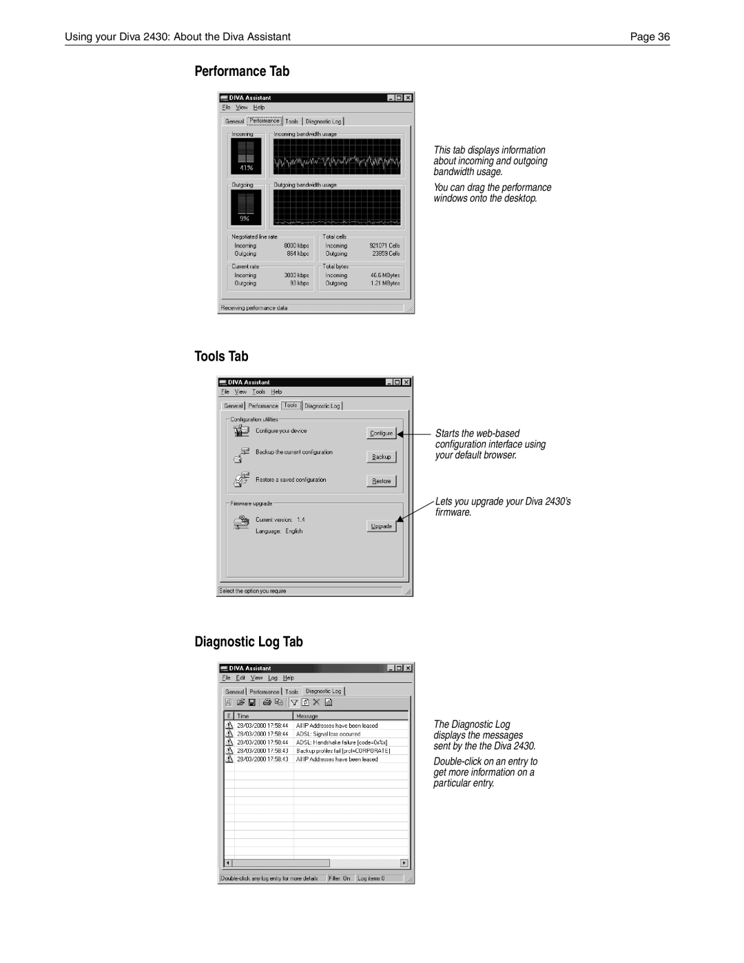 Eicon Networks Diva 2430 manual Performance Tab, Tools Tab, Diagnostic Log Tab 