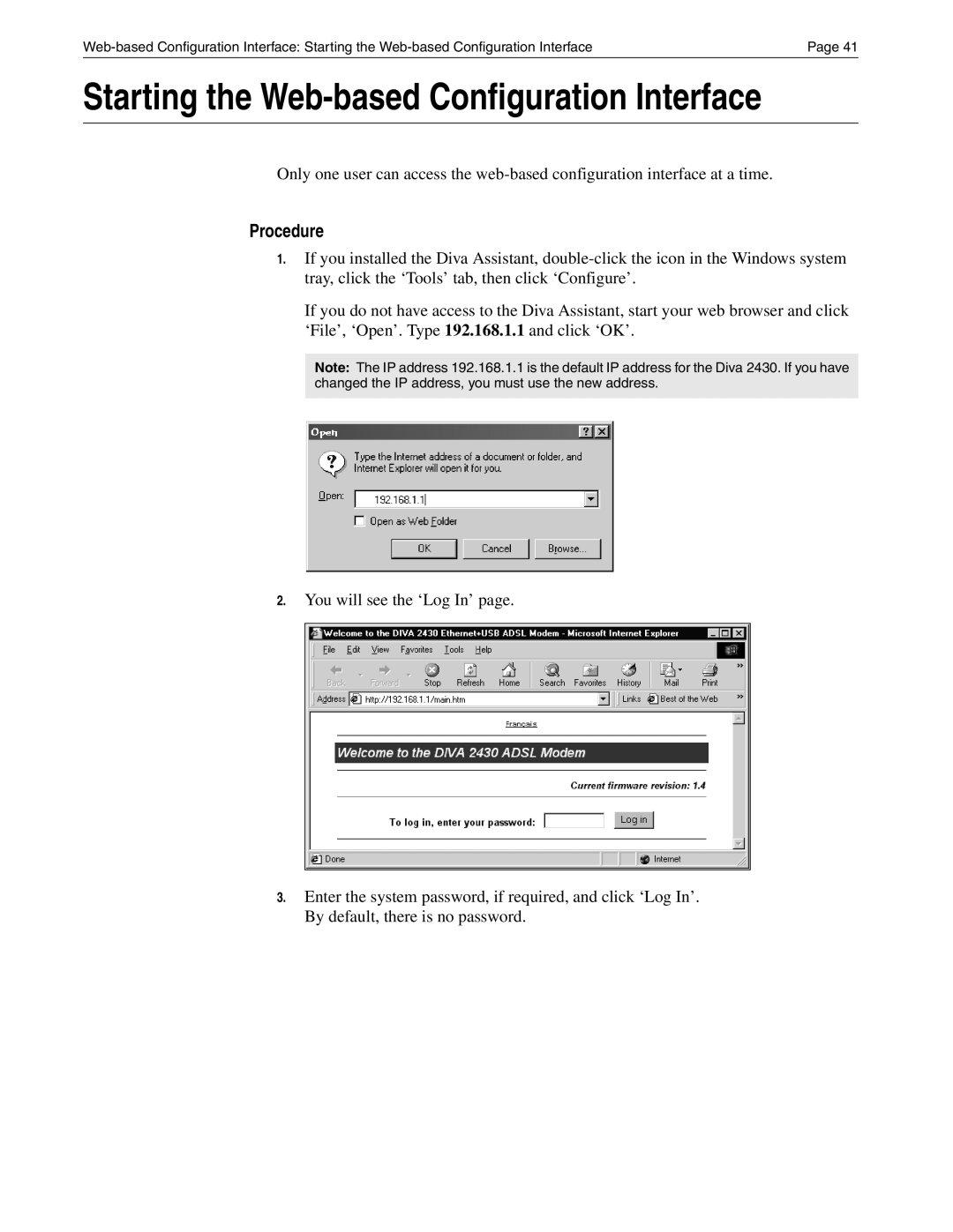 Eicon Networks Diva 2430 manual Starting the Web-based Configuration Interface, Procedure 