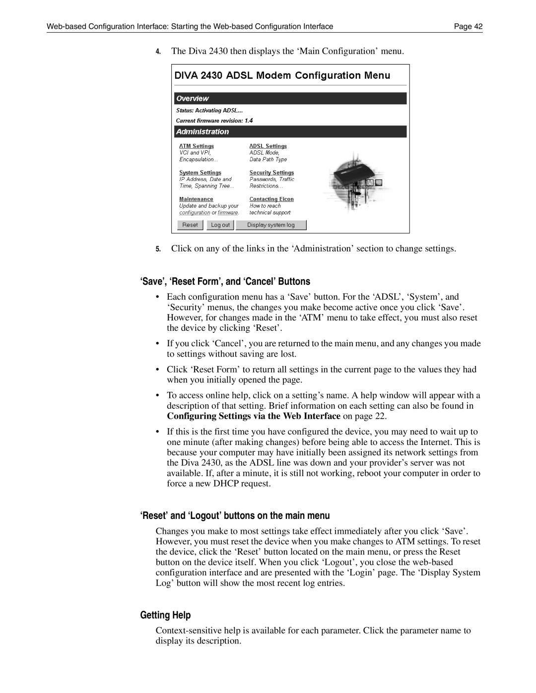 Eicon Networks Diva 2430 manual ‘Save’, ‘Reset Form’, and ‘Cancel’ Buttons, ‘Reset’ and ‘Logout’ buttons on the main menu 