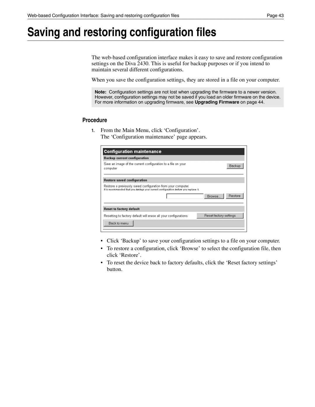 Eicon Networks Diva 2430 manual Saving and restoring configuration files 