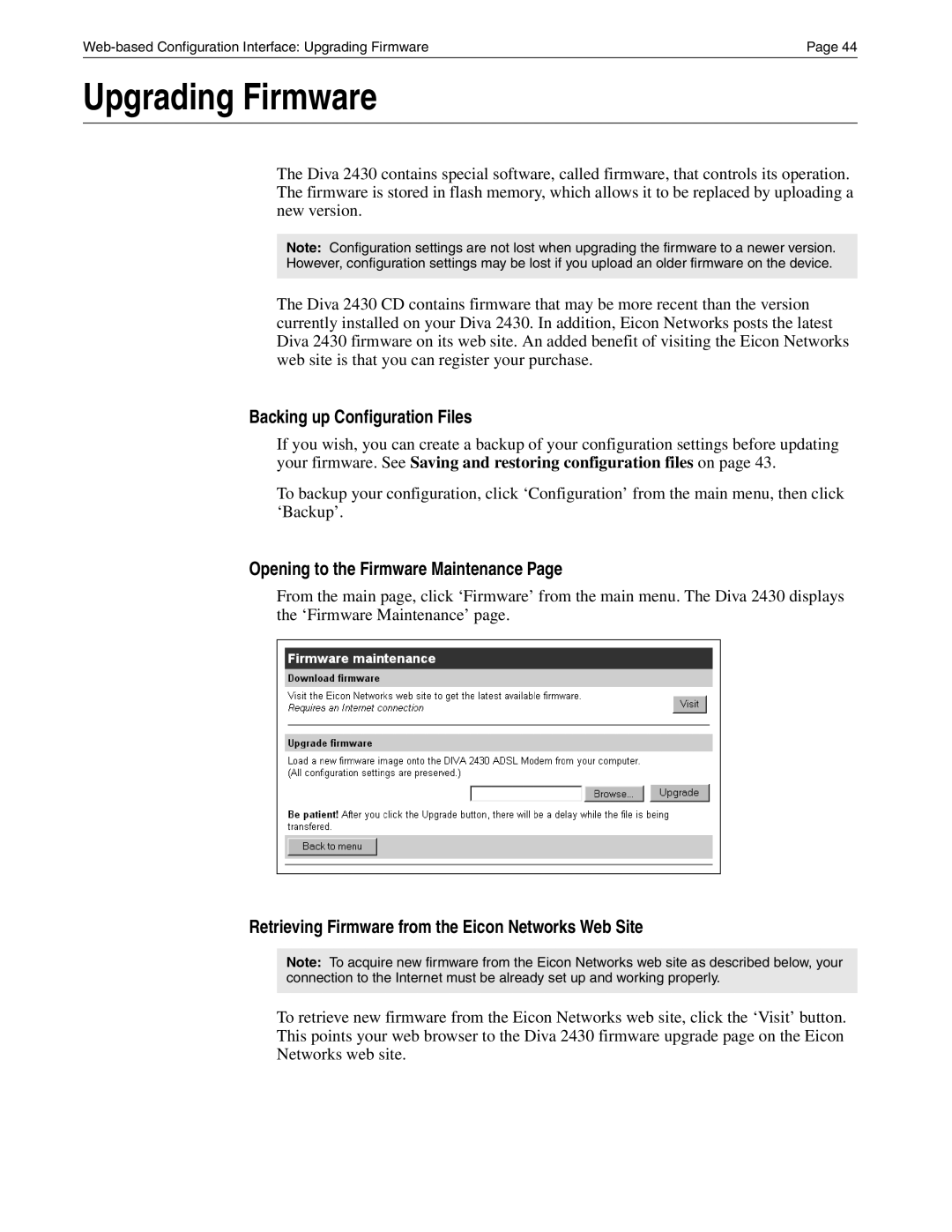 Eicon Networks Diva 2430 manual Upgrading Firmware, Backing up Configuration Files, Opening to the Firmware Maintenance 