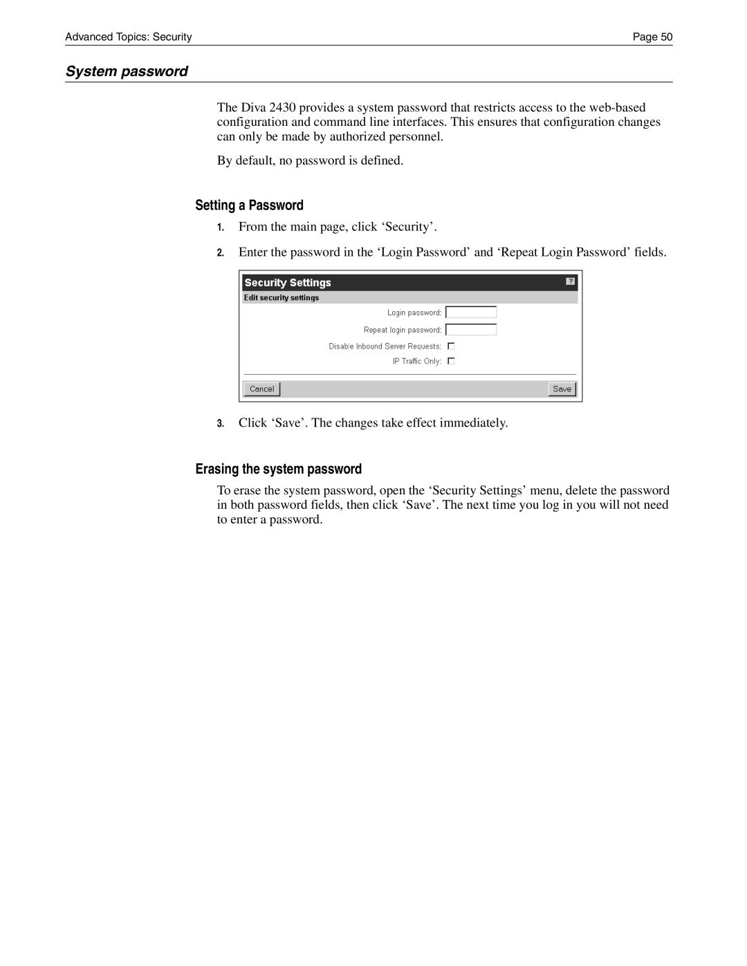 Eicon Networks Diva 2430 manual System password, Setting a Password, Erasing the system password 