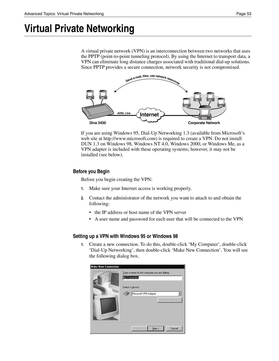 Eicon Networks Diva 2430 manual Virtual Private Networking, Before you Begin, Setting up a VPN with Windows 95 or Windows 